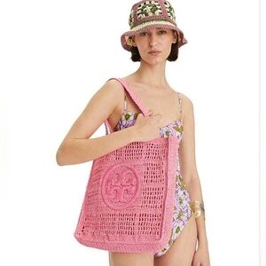 NEW TORY BURCH ELLA HAND-CROCHETED RAFFIA N/S TOTE BAG IN PINK
